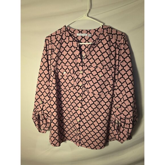 Notations Womens Plus Size 1X Blouse Top Shirt Button UP Lilac Black Geometric - Picture 1 of 3
